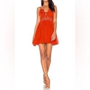 NWOT Free People One Coast to Cove Mini Dress in Red Orange. Size Small